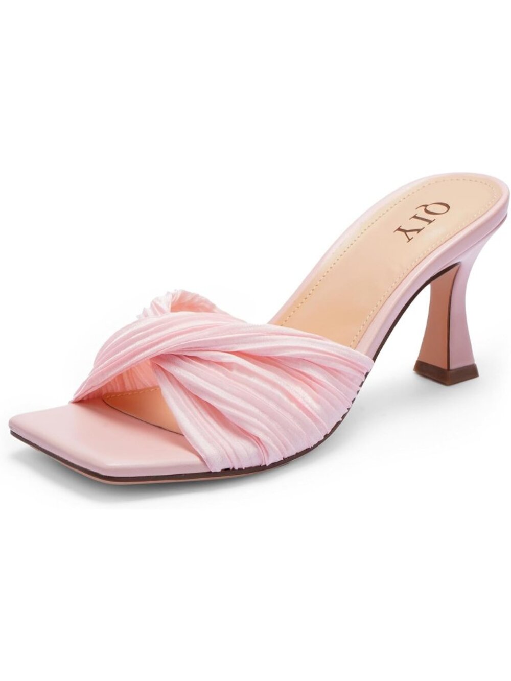 Women's Pink Summer Stylish Open Square Toe Casual Slip-On Kitten Heeled Sandal